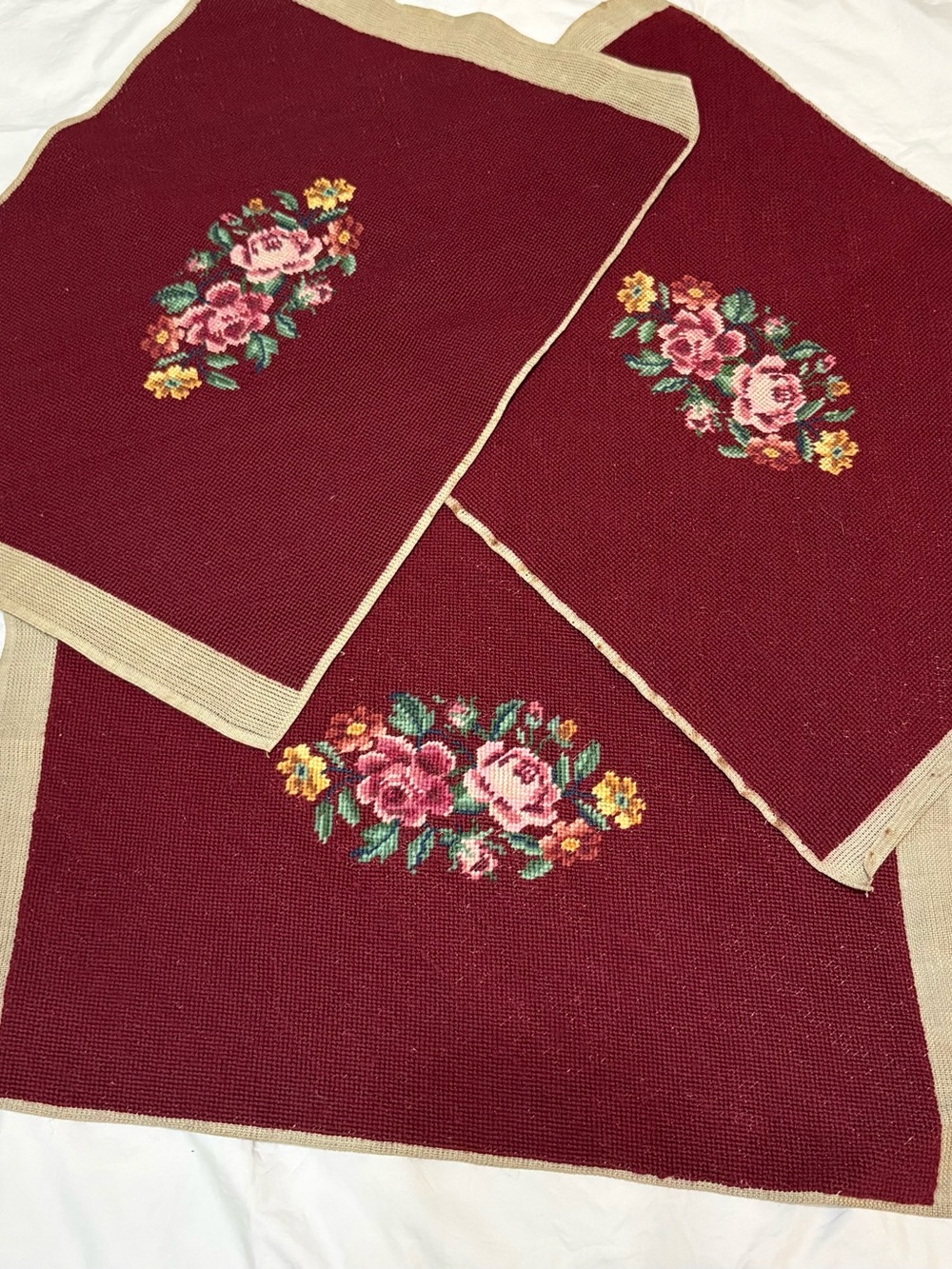 Vintage Handmade Burgundy 3 Floral Needlepoint Chair Covers, Mats